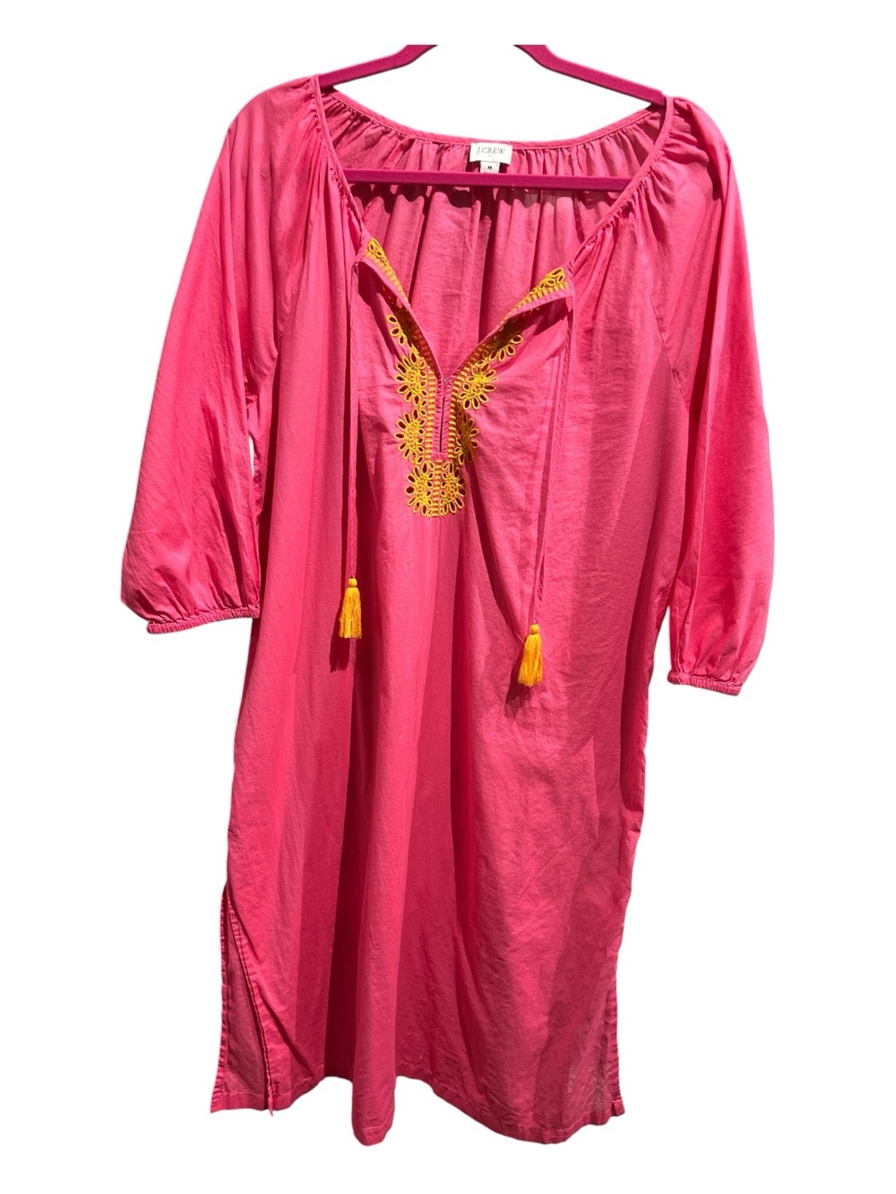 J. Crew Hot Pink Embroidered Tassel Peasant Dress Swimsuit Cover Up Size M